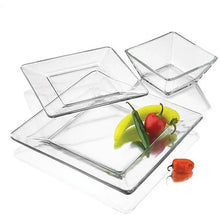 Clear square glass plates and bowls in a set