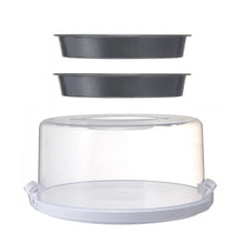 Clear cake carrier with domed lid and gray round base pans