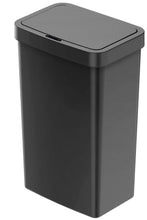 Black plastic automatic trash can with rectangular lid and smooth finish