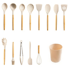 Cooking utensil set: white silicone heads, bamboo handles, 14 pieces