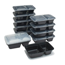 Two-compartment meal prep containers, black bases with clear lids, stacked set