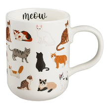 White stoneware cat mug with meow text and assorted cat illustrations, curved handle