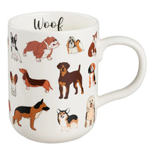 White dog mug with colorful puppy illustrations and 'Woof' on the rim