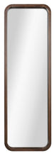 Walnut-framed tall wall mirror with rounded corners and clear reflective glass