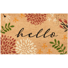 Outdoor coir doormat with 'hello' script and multicolor floral leaf pattern