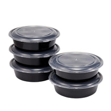 Stacked round 1L meal prep containers with snap-on lids, black bases and gray lids.