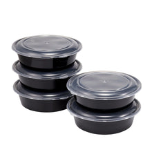 1L round meal prep storage containers with clear lids and black bases, stacked (5 pack)