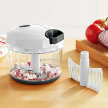 White and gray quick pull chopper with clear bowl and removable side chopper guard