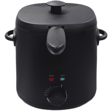 Matte black electric deep fryer with lid and front temperature control dial