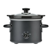 2-quart manual slow cooker with clear glass lid and matte black base, side handles