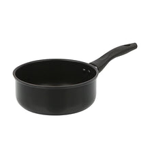 Black nonstick saucepan with short handle and sloped sides