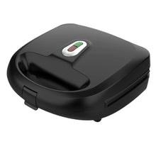 Black 2-slice waffle and sandwich maker with removable plates and top handle latch