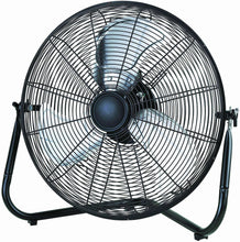 Black steel floor fan with round front grille and center motor hub