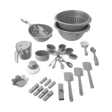 Gray kitchen gadget set with bowls, utensils, and measuring tools