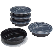 Round 3-compartment 1L food storage containers with dark lids, stacked set