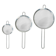 Three stainless steel fine mesh strainers with loop handles, round baskets