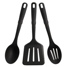 Black 3-piece nylon utensil set: slotted spatula, slotted spoon, solid spoon