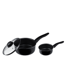 Black non-stick saucepans set with glass lid, including large and small saucepan