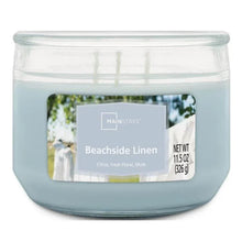 Blue 3-wick glass jar candle with Beachside Linen label, 11.5 oz