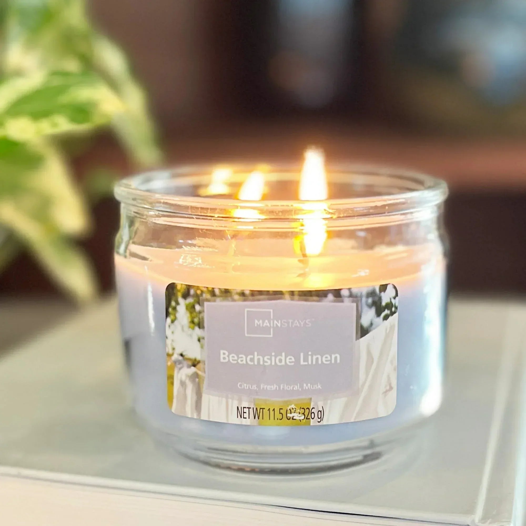 Mainstays 3-Wick Glass Jar Candle, Beachside Linen, Blue, 11.5 oz