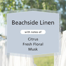 Close-up Beachside Linen scent label on blue glass jar candle