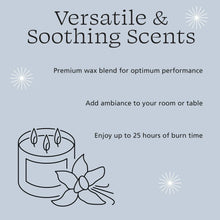Versatile & Soothing Scents jar candle graphic with burn-time and wax info
