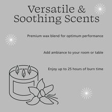 Candle benefits graphic: versatile & soothing scents, premium wax blend, up to 25 hours