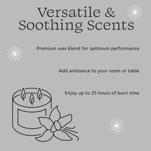 Candle package graphic with text 'Versatile & Soothing Scents' and flower icon