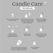 Candle care tips graphic: remove packaging, trim wick, burn safely, avoid water