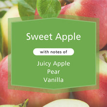 Jar candle label showing Sweet Apple scent notes on green background