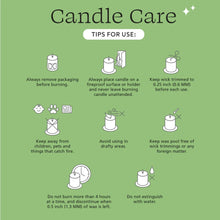Candle care tips card: trim wick, place on fireproof surface, keep away from drafts