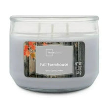 Mainstays 3-wick glass jar candle with Fall Farmhouse label and frosted white wax