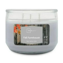 Scented 3-wick candle in clear glass jar with Fall Farmhouse label