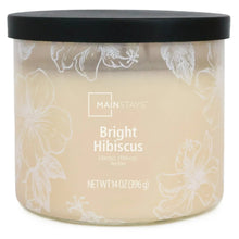 Glass jar scented candle with Bright Hibiscus label and black lid