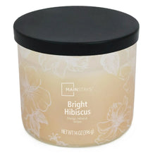Glass jar scented candle with Bright Hibiscus label and black lid, front view