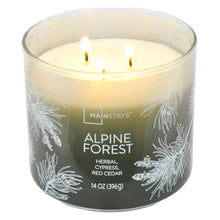 Lit 3-wick scented candle jar with white wax, pine leaf wrap, Alpine Forest, 14 oz