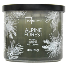 Scented candle jar with black lid and Alpine Forest herbal cypress red cedar label