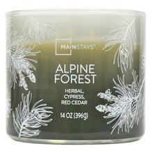 Unlit scented candle jar with dark green ombre body and Alpine Forest label