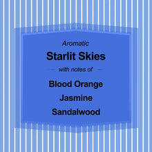 Starlit Skies candle label: Aromatic notes of Blood Orange, Jasmine, Sandalwood