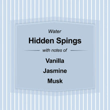Candle scent info card for Hidden Springs with notes of Vanilla, Jasmine, Musk