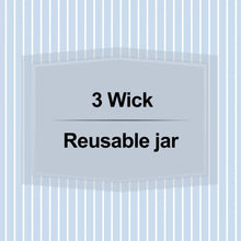 Candle product info card reading 3 Wick and Reusable jar