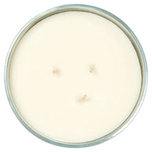 Top view of an unlit white candle surface with three wicks in glass