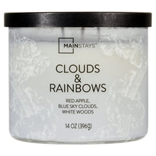 Wrapped glass jar candle with black lid and Clouds & Rainbows label