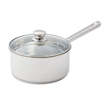 Stainless steel saucepan with glass lid and long handle