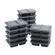 Stack of dark 3-compartment meal prep food storage containers with lids