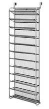 Over-the-door shoe rack with gray mesh compartments and chrome metal frame.