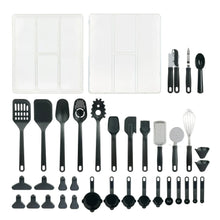 Black kitchen gadget set with drawer organizer and assorted cooking utensils, 36 pieces