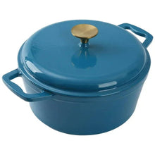 Blue round Dutch oven with domed lid and side handles, ceramic enamel finish