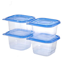 Square food storage containers, clear plastic with blue snap lids, 4.4 cup