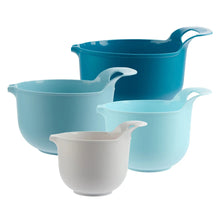 Nesting plastic mixing bowl set with handles and pour spouts in blue tones